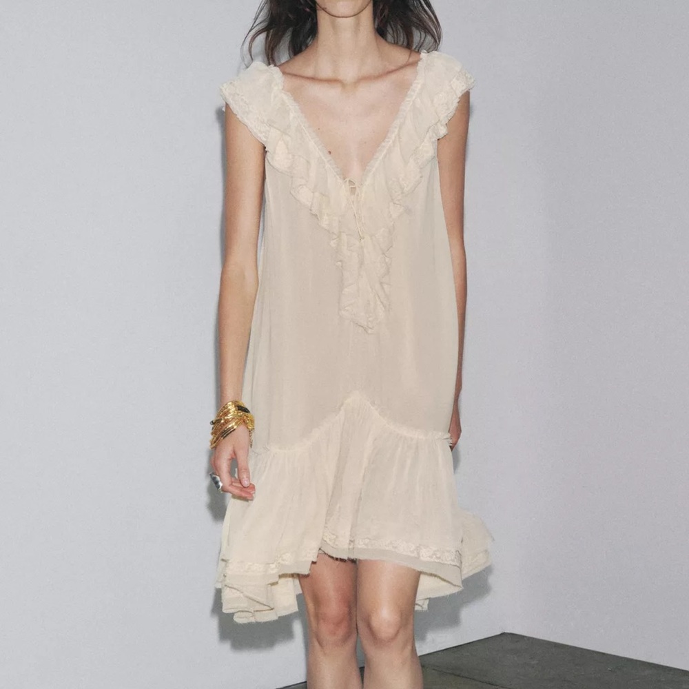 Zara Cream Ruffle V-Neck Midi Dress - Picture 7 of 13